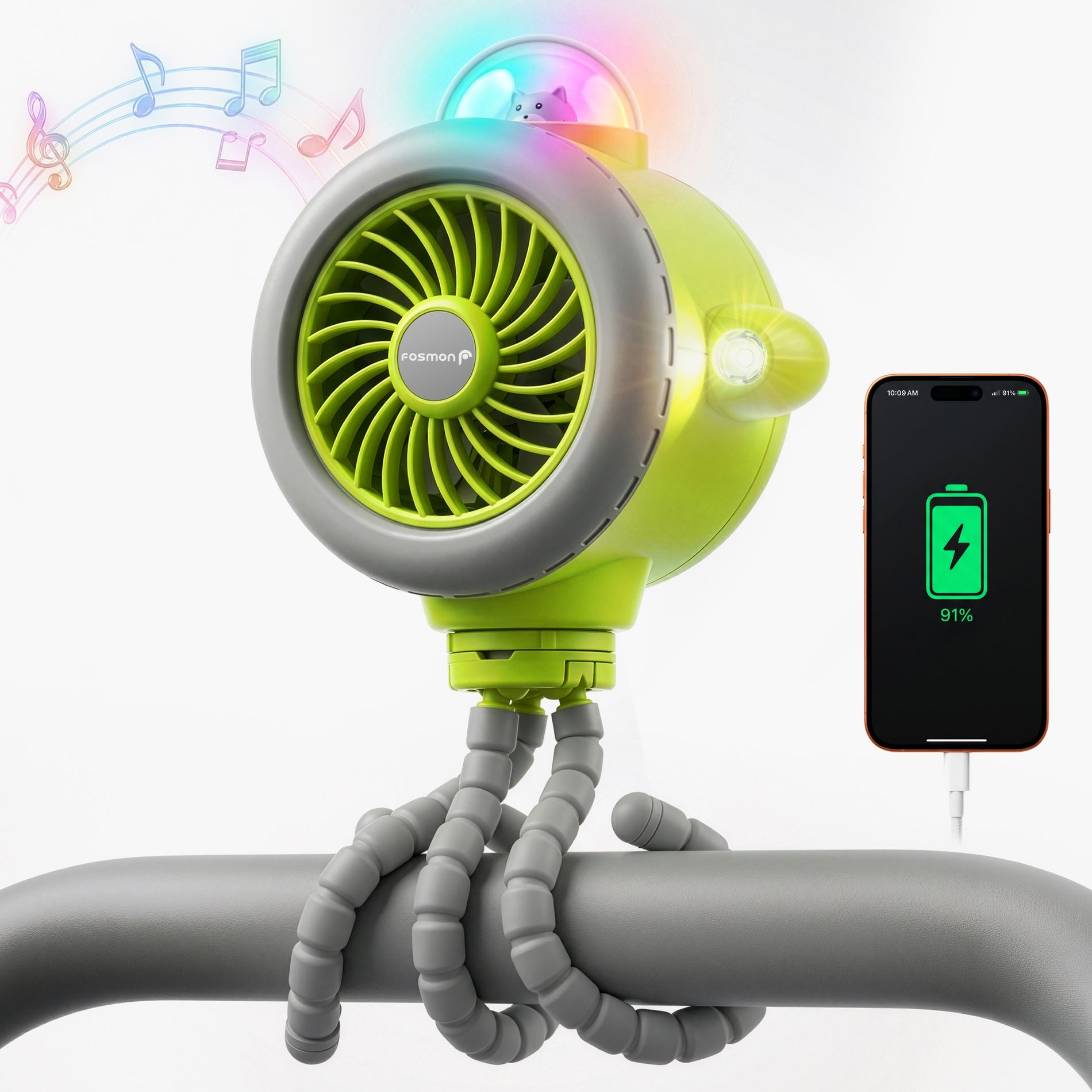 Fosmon Portable Fan, Stroller Fan for Baby Car Seat Fan, 5000mAh Powerbank Rechargeable Baby Fan for Stroller, Bluetooth Speaker Nursery Rhymes Song