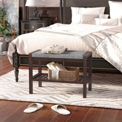 Brown Bamboo Shoe Bench with Gray Upholstered Seat and Storage Shelf