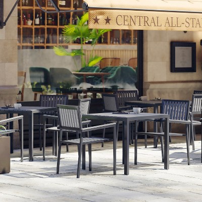 Black Square Steel Patio Dining Table with Poly Resin Slatted Top