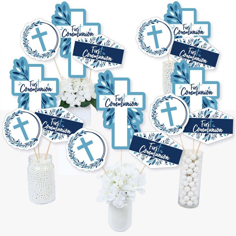 Big Dot of Happiness First Communion Blue Elegant Cross - Boy Religious Party Centerpiece Sticks - Table Toppers - Set of 15, 2 of 8