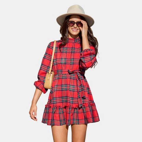 Женские платья Cupshe Women's Charming Plaid Tiered Ruffle Mini Dress-XL-Red