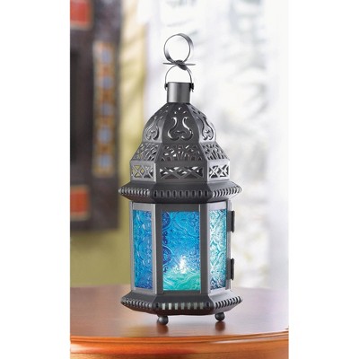 10.25" Blue and Black Iron Glass Moroccan Style Candle Lantern