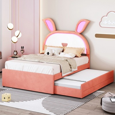 Full/Twin Size Wooden Upholstered Platform Bed Frame with Twin Trundle & 3 Drawers, LED Lights 4Q -ModernLuxe