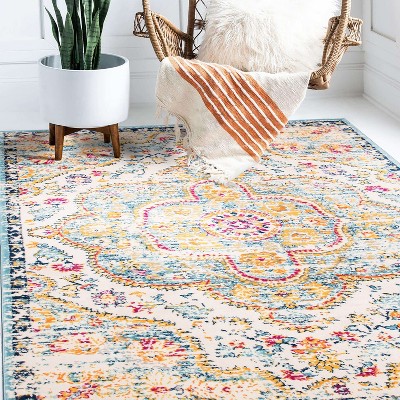 Bohemian Blue and Multicolor Distressed Vintage Area Rug 5' x 7'