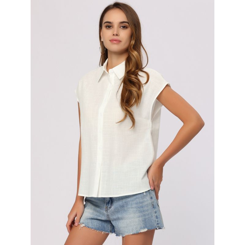 Allegra K Women's Casual Summer Linen Button Down Cap Sleeve Cotton Collar Shirts, 4 of 6