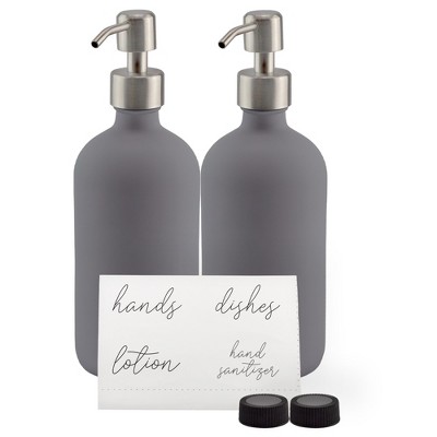 Cornucopia Brands 16oz Gray Pump Bottles 2pk; Gray Coated Glass Soap Dispenser Pump Bottles for Lotion, Hand Care & Liquid Soap