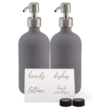 Cornucopia Brands 16oz Gray Pump Bottles 2pk; Gray Coated Glass Soap Dispenser Pump Bottles for Lotion, Hand Care & Liquid Soap