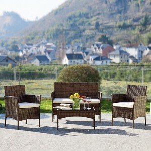 JIONJOY 4-Piece Outdoor Sofa Set Patio Rattan Wicker Conversation Set with Coffee Table and Beige Cushions - 1 of 4