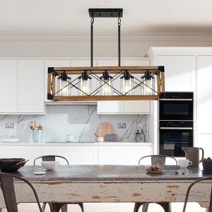 32" Walnut Industrial Farmhouse Rectangle Pendant Light, 5-Light Chandelier with Lampshades for Dining Room, Kitchen Island, Cafe Decor (No Bulbs) - 1 of 4