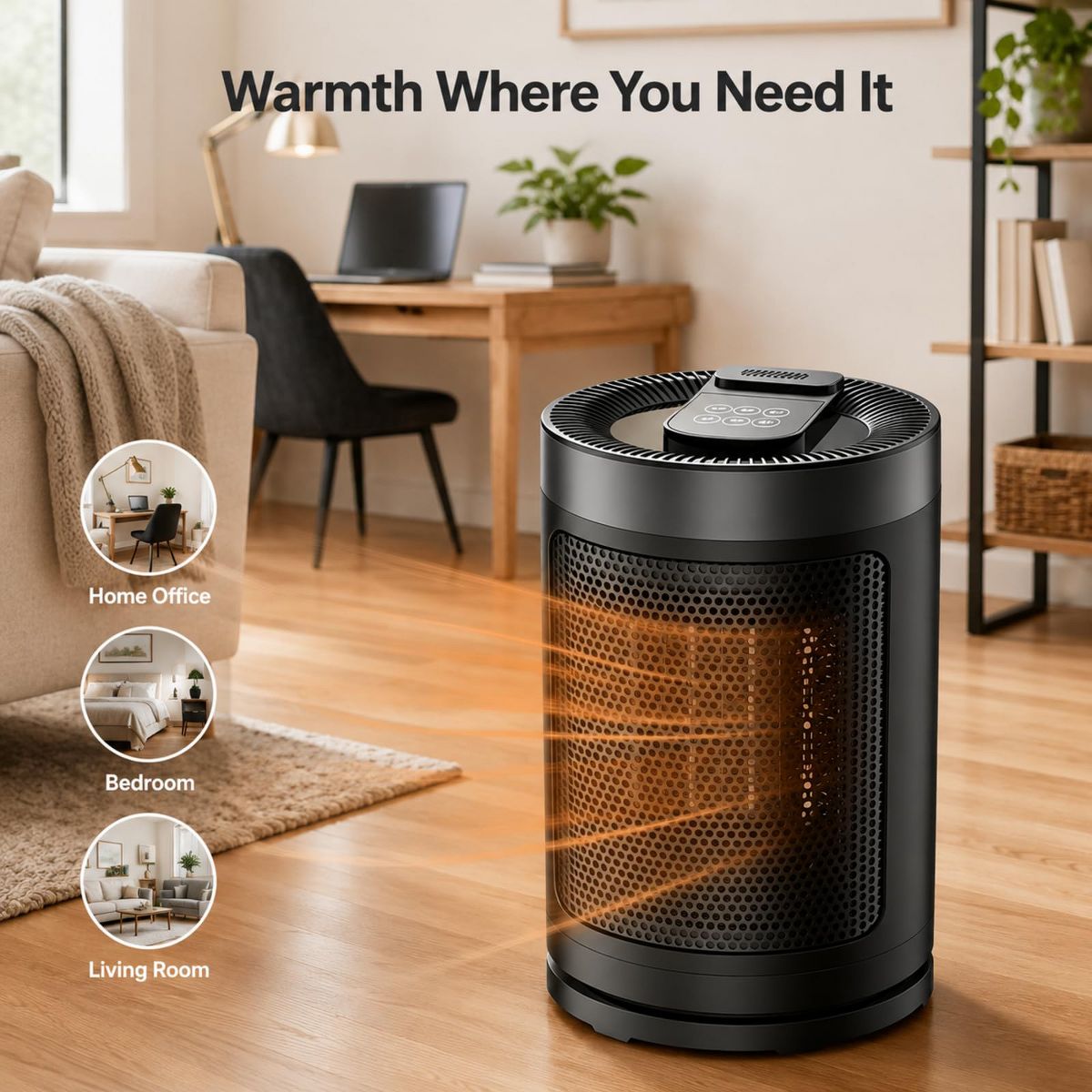 1500W Portable PTC Ceramic Space Heater for Indoor Use, Adjustable Thermostat Timer 5 Modes 4 Heat Settings, Tip‑Over & Overheat Protection - thumbnail 7