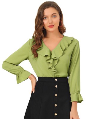 INSPIRE CHIC Women's Office Work Ruffle V Neck Long Sleeve Chiffon Peasant Blouse