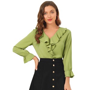 INSPIRE CHIC Women's Office Work Ruffle V Neck Long Sleeve Chiffon Peasant Blouse - 1 of 4