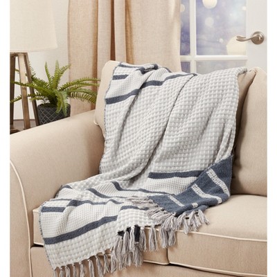 Blue and Gray Knitted Reversible Throw Blanket with Fringe