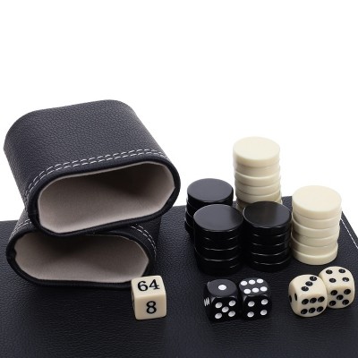 Elegant Black Leatherette Backgammon Set with White Stitching, 15 inches