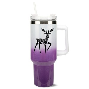 Elanze Designs 40 Ounce Ombre Travel Tumbler With Straw and Lid Stainless Steel Double Wall Insulated Graceful Forest Deer White and Purple Glitter - 1 of 4