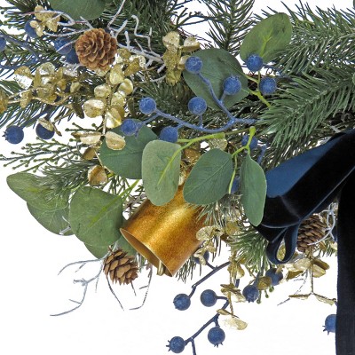 28'' Blue and Gold Artificial Christmas Wreath with Pinecones and Bells