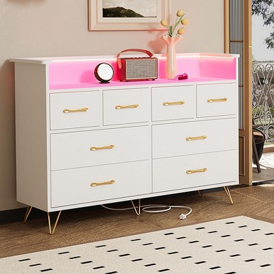 Modern 8-Drawer Dresser with RGB LED Lights, App-Controlled Wide Bedroom Chest, Power Outlets & USB Ports for Gaming, or Living Room