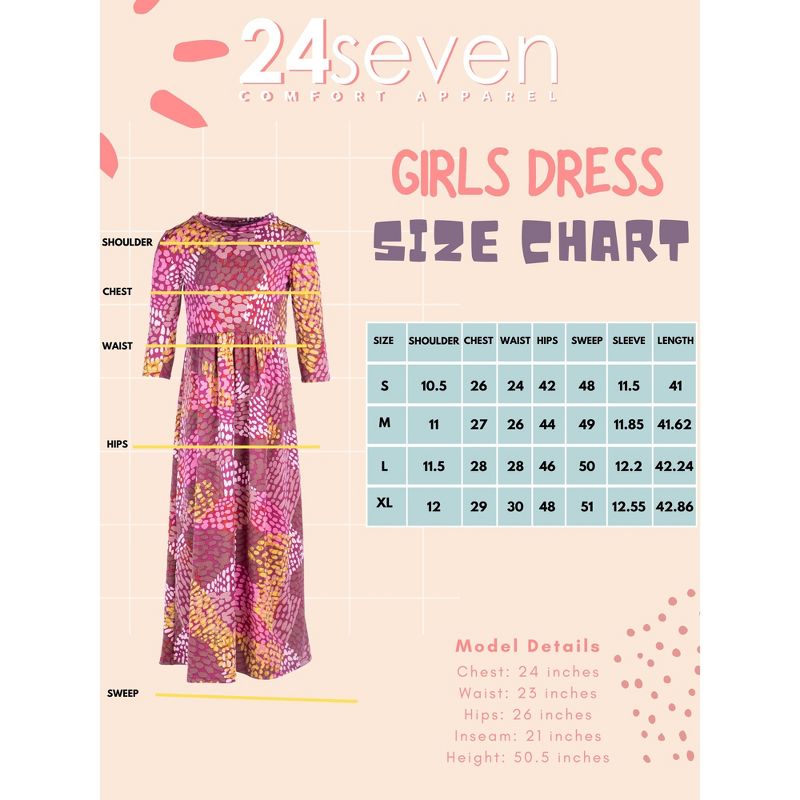 24seven Comfort Apparel Girls Fall Print Three Quarter Sleeve Pleated Maxi Dress, 4 of 5