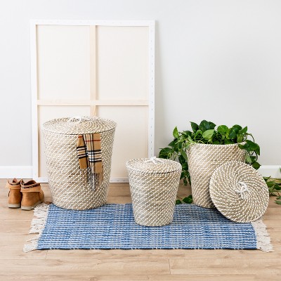 Natural Seagrass Round Nesting Storage Basket Set with Lids