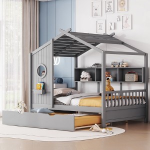 Whisen Wooden Twin Size House Bed & Modern Playhouse Design for Kids With Trundle, Storage Shelf - 1 of 4
