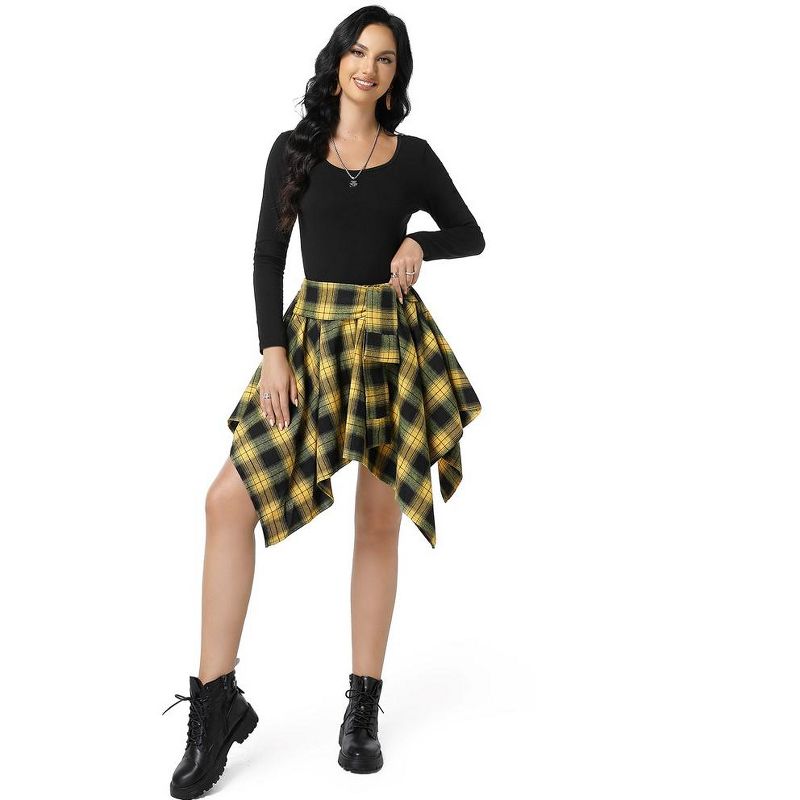 Women's Halloween High Waisted Short A-line Flare Gothic Mini Black Red Plaid Pleated Skirt Dress, 4 of 8