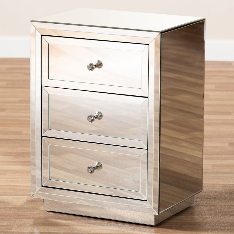 Lina Mirrored 3 Drawer Nightstand Bedside Table Silver - BaxtonStudio, 5 of 9