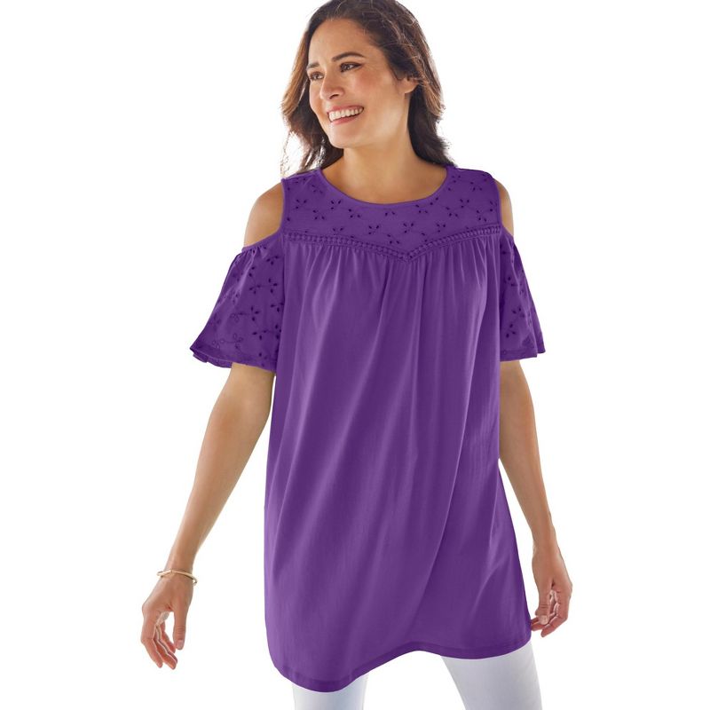 Woman Within Women's Plus Size Eyelet Cold-Shoulder Tunic, 1 of 3
