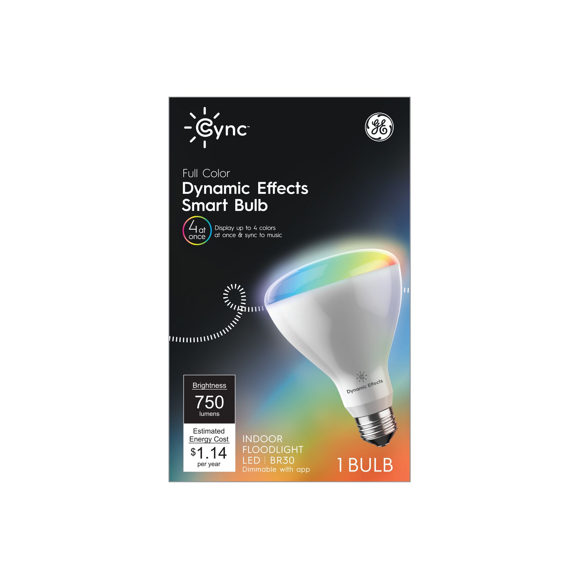 GE 65W Equivalent CYNC Dynamic Effects Smart LED BR30 Indoor Floodlight Bulb Alexa and Google Compatible Multicolored
