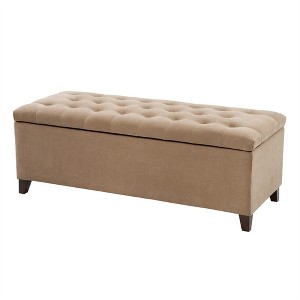 XINGHANZHENXUAN Tufted Upholstered Storage Bench, Soft Close Lid, Button Detail & Espresso Wood Legs, Bedroom or Living Room - 1 of 4