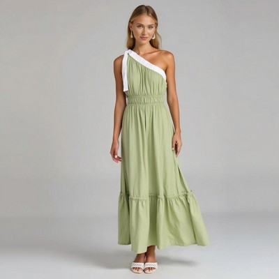 Knit & Lounge Women’s One Shoulder Maxi Dress Pleated Strap Elastic Waist Tiered Hem Soft Flowy Resort Style