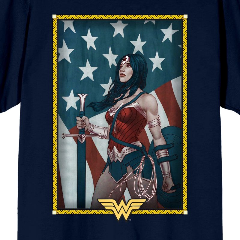 Wonder Woman with Shield, Sword, and American Flag Background Men's Navy Blue Graphic Tee, 2 of 4