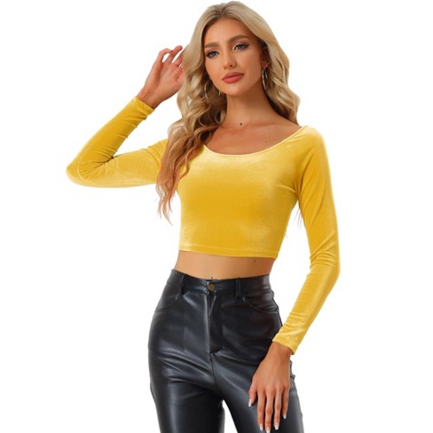 Allegra K Women's Velvet Scoop Neck Long Sleeve Solid Crop Top Yellow ...