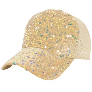Anna-Kaci Women's Sparkly Sequin Baseball Cap Messy Low Bun Ponycap Velvet Mesh Trucker Hat - 1 of 4
