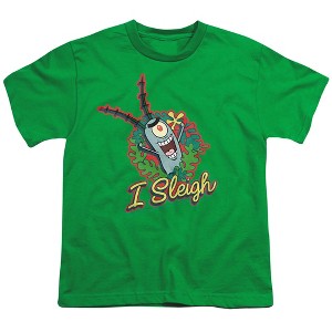Boys' Spongebob Squarepants I Sleigh, Plankton Christmas Wreath T-Shirt - 1 of 4