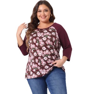 Agnes Orinda Women's Plus Size Round Neck 3/4 Raglan Sleeves Floral Printed Dressy Casual Peasant Tops - 1 of 4