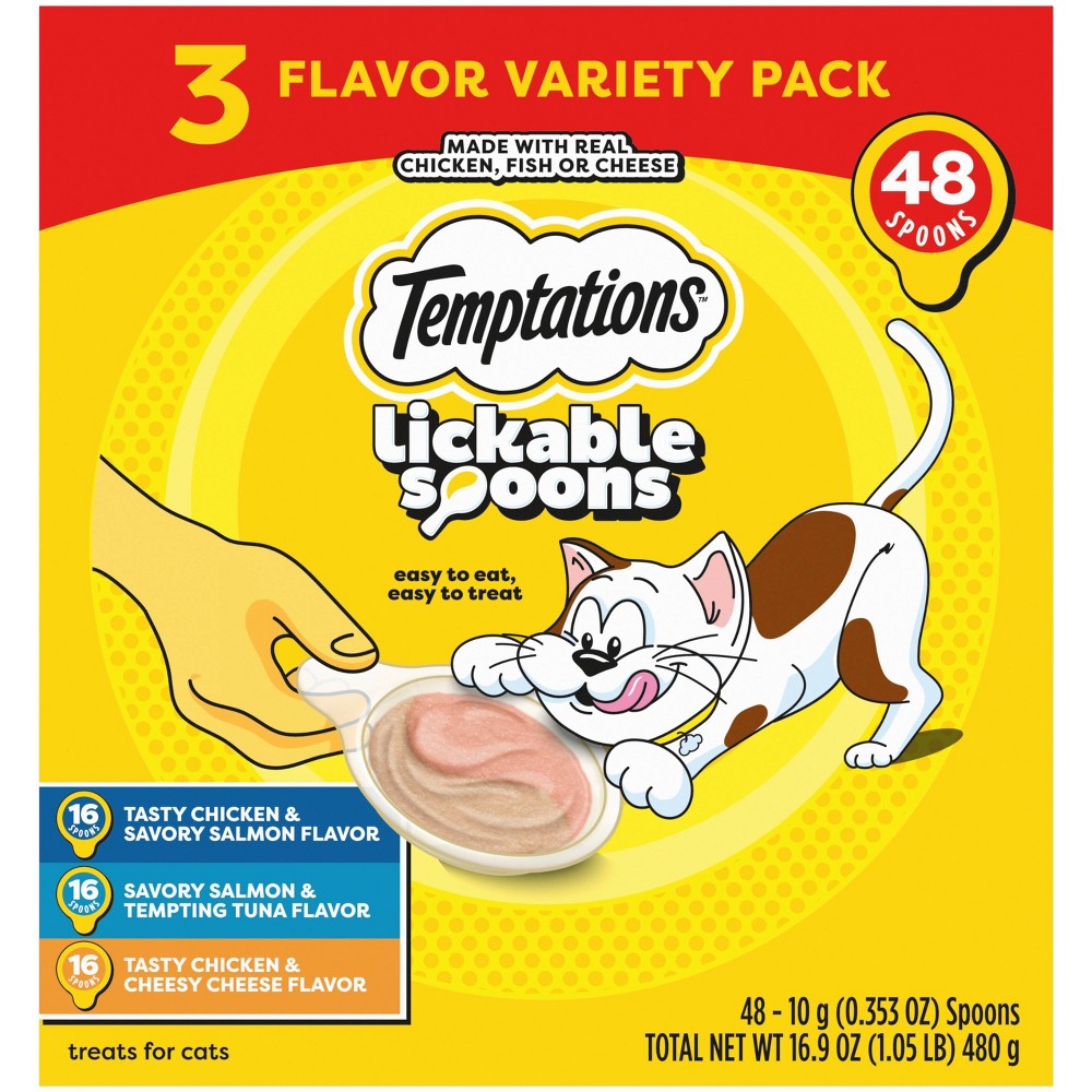 Temptations Cheese, Salmon, Tuna and Chicken Flavor Lickable Spoons Variety Pack Cat Treats - 16.9oz/48ct