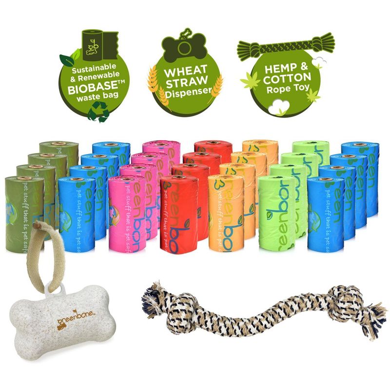 Greenbone BioBase Dog Poop Waste Bag Refills: 28 Rolls with Dispenser and Rope Toy Handle, 3 of 9