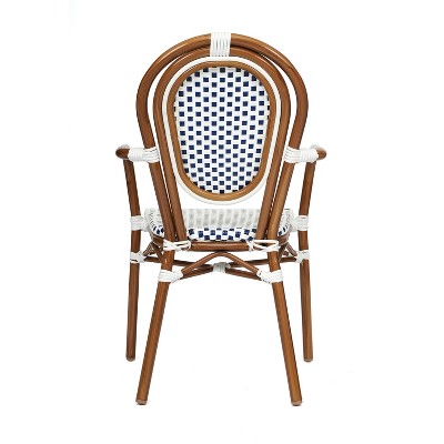 White and Navy Rattan Dining Chair with Brown Aluminum Frame