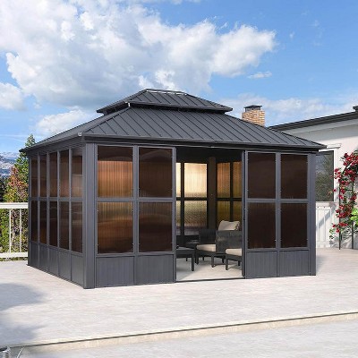 PURPLE LEAF Permanent Hardtop Gazebo Aluminum Frame Gazebo with Galvanized Steel Double Roof, Solarium Backyard Sun Room with Detachable Windows