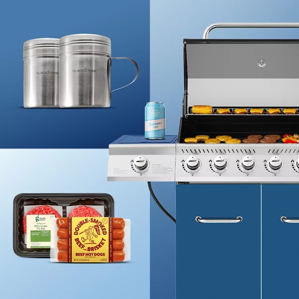 Collection of the perfect items to grill and a blue bbq.