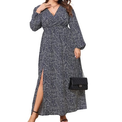 MISSKY Women Plus Size Maxi Dresses Long Lantern Sleeves Casual Wrap Split Dress