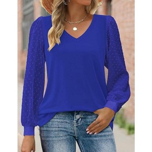 Zeagoo Women's Blouses Dressy Casual V Neck Top Swiss Dot Balloon Long Sleeve Shirts - 1 of 4