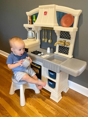 Step2 Gilded Gourmet Kitchen Playset For Kids Includes 20 Plus Toy Kitchen  Accessories Interactive Features For Realistic Pretend Play White Blue Gray  Modern Farmhouse Style Play Kitchen