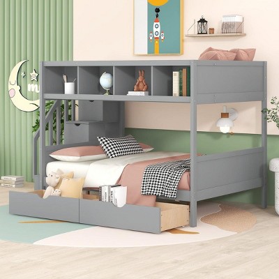 Streamdale Twin over Full Bunk Bed with Shelfs, Storage Staircase and 2 Drawers, Gray