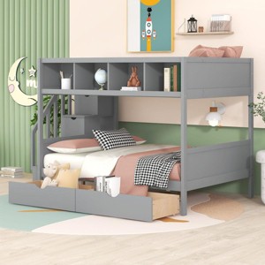 Streamdale Twin over Full Bunk Bed with Shelfs, Storage Staircase and 2 Drawers, Gray - 1 of 4