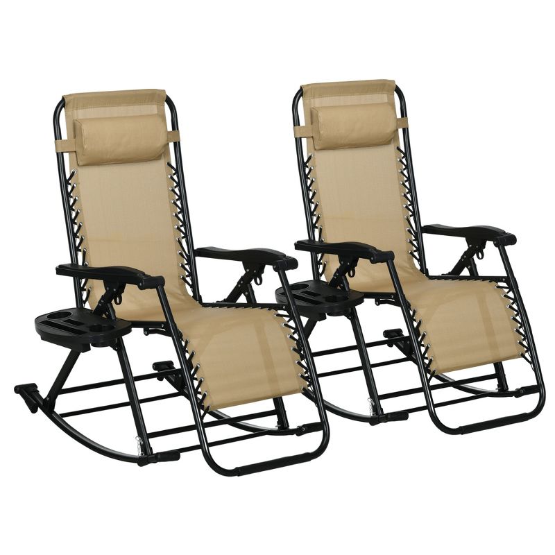 Outsunny 2 Outdoor Rocking Chairs Foldable Reclining Zero Gravity Lounge Rockers w/ Pillow Cup & Phone Holder, Combo Design w/ Folding Legs, Beige, 1 of 7