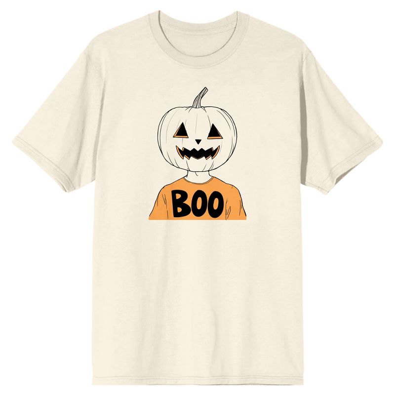Kids Halloween Jack O Lantern Boy "Boo" Youth Natural Short Sleeve Crew Neck Tee, 1 of 4