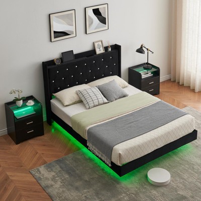 Floating Bed Frame, Modern Platform Bed Frame, Wood Slats Support, Upholstered Headboard, No Box Spring Needed, Black