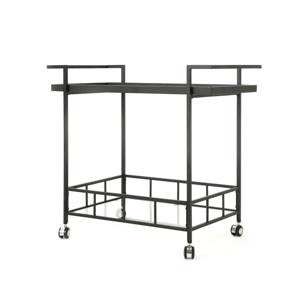 Ambrose Industrial Bar Cart Black - Christopher Knight Home: Rolling Beverage Cart, Glass & Metal, 2 Shelves