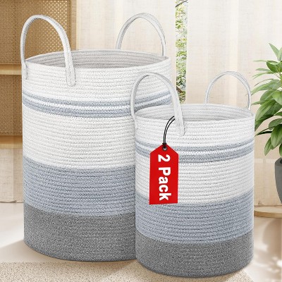 2 Pack Large Tall Rope Laundry Baskets, Cotton Laundry Hamper, , Blanket Basket Storage for Living Room,Baby Room, 58L&28L